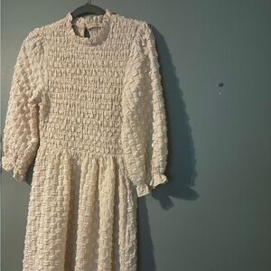 Polagram White Textured Long Sleeve Midi Dress - Cottage Core - 100% Polyester